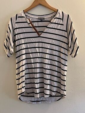 Market & Spruce White Leather V-Neck Short Sleeve Stripe Top